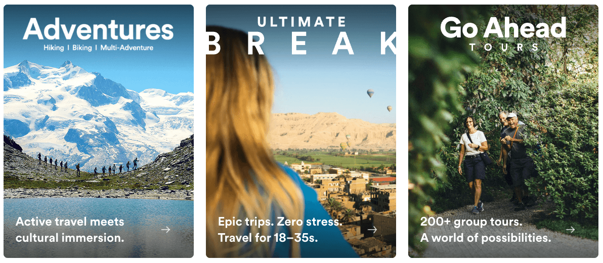 Three travel posters promoting EF Adventures, EF ultimate break, and EF Go Ahead Tours, each with scenes of nature and travel-related text.