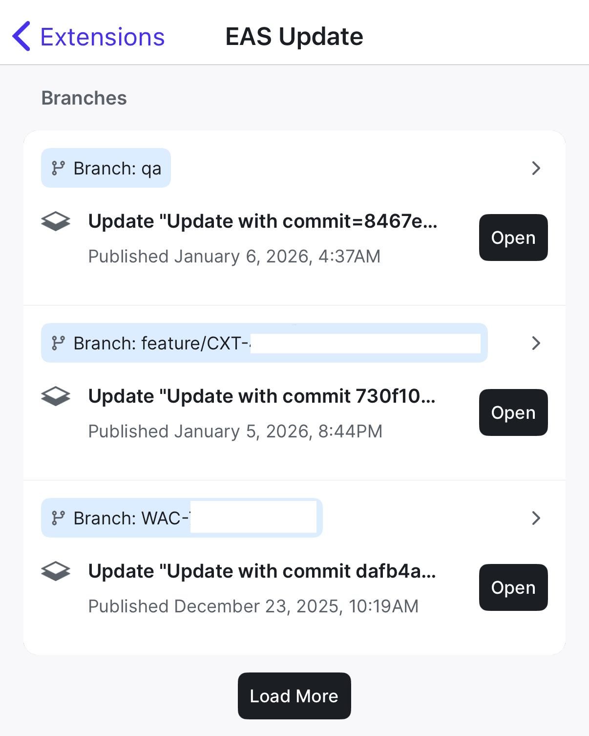 App interface showing three software branches: "qa," "feature/CXT-," and "WAC-." Each branch has an update listed with a commit ID and date.